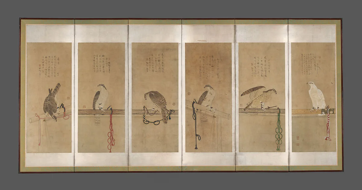 曽我直庵筆 架鷹図押絵貼屏風|Tethered Hawks — Soga Chokuan|Ittō Jōteki (Shōteki)