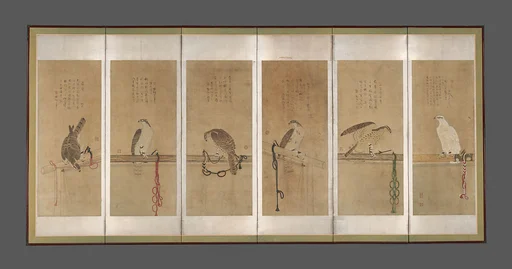 曽我直庵筆 架鷹図押絵貼屏風|Tethered Hawks