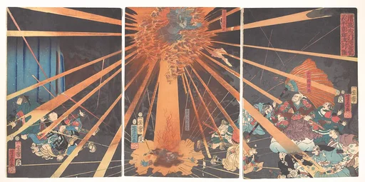 歌川芳房画 「清盛布引滝遊覧 義平霊難波討圖」|Kiyomori’s Visit to Nunobiki Waterfall: The Ghost of Yoshihira Taking Revenge on Nanba