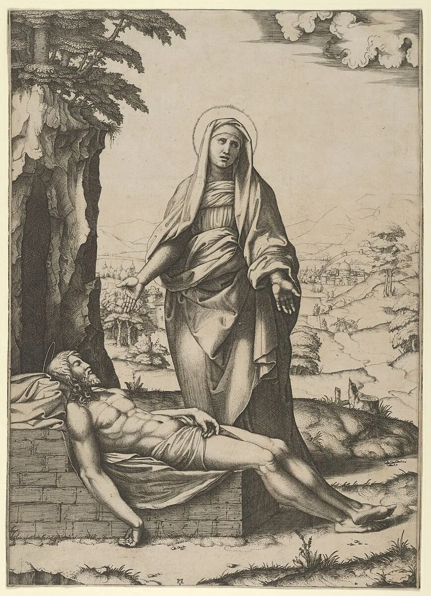 The Pietà: the Virgin standing over the dead Christ, her hands outspread — Marcantonio Raimondi|Raphael (Raffaello Sanzio or Santi)
