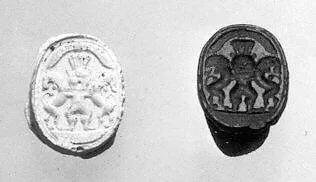 Scarab seal with Bes dominating two lions below a winged sun disc — Unknown