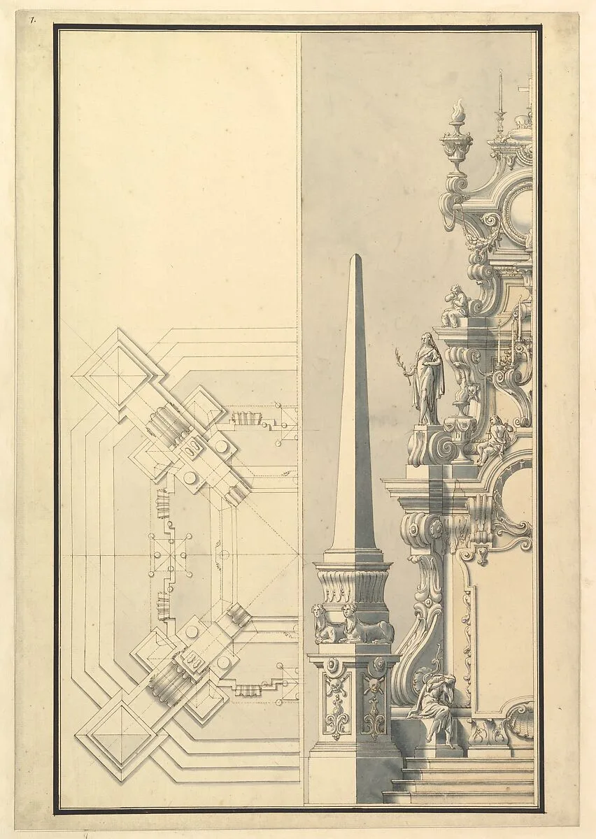 Half elevation and half ground plan for a catafalque for Margherite Louise d'Orleans, Granduchess of Tuscany (1645-1721) — Giuseppe Galli Bibiena