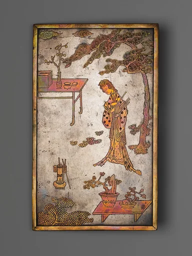 清早期 仕女投壺白蠟插屏|Table screen with woman playing touhu