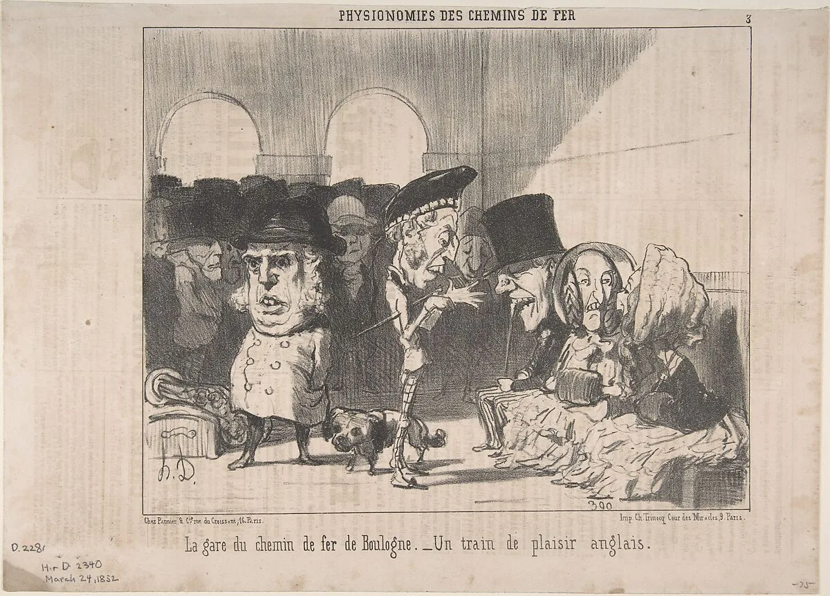 The Boulogne Train Station. An English Excursion Train (La gare de chemin de fer de Boulogne. Un train de plaisir anglais), from Physionomies des Chemins de Fer (Physiognomies of the Railways) — Honoré Daumier|Pannier et Cie.|Charles Trinocq