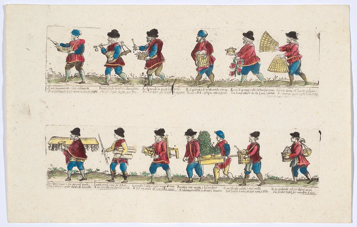 Plate 3 depicting the trades of Rome, here including vendors of flowers, chairs, basil etc, from the 'Descrición de las artes que se llaman para los calles de la ciudad de Roma' — Giovanni Ambrogio Brambilla|Remondini