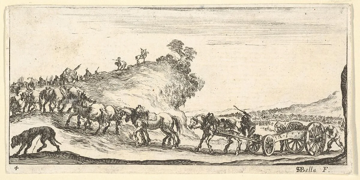 Plate 4: a procession of cannons and horses riding uphill towards the left, a dog at lower left, from Dessins de quelques conduites de troupes — Stefano della Bella