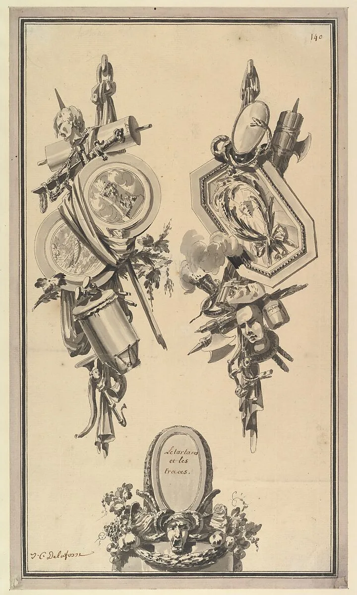 Two Designs for Trophies and a Cartouche — Jean Charles Delafosse