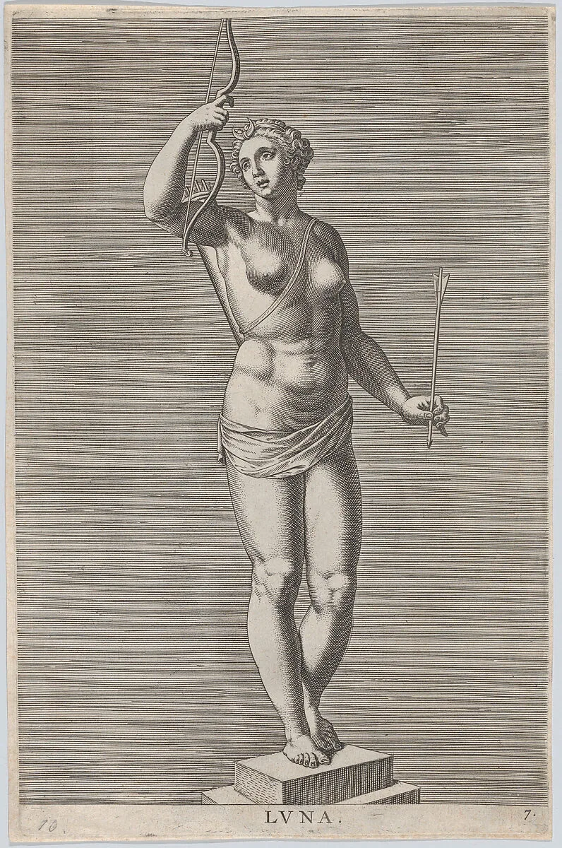 Plate 7: Diana; statue of the nude goddess standing on a socle, wearing a crescent moon in her hair and holding a bow and arrow; from 'Statues of Roman Gods' after Jacques Jonghelinck — Philips Galle|Philips Galle|Jacques Jonghelinck