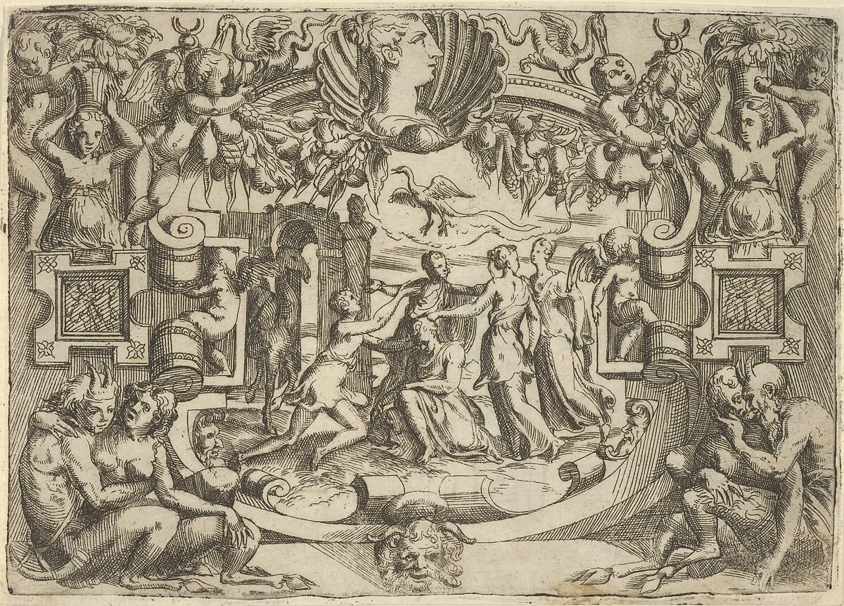 Four women surrounding a seated figure, a bird above them, set within an elaborate frame — Andrea Schiavone (Andrea Meldola)|Jacques Androuet Du Cerceau|Battista Angolo del Moro