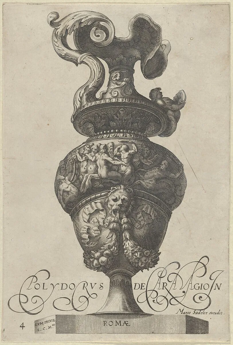 Plate 4: Vase or Ewer with a Frieze containing mermaids and centaurs, and below a lion's head with garlands and ribbons, from Antique Vases (‘Vasa a Polydoro Caravagino’) — Cherubino Alberti (Zaccaria Mattia)|Polidoro da Caravaggio|Aegidius Sadeler II|Marcus Sadeler
