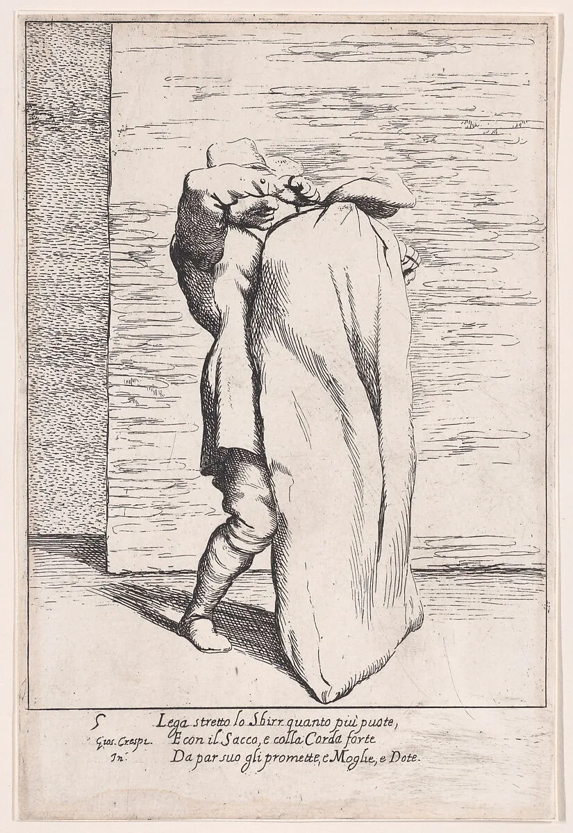 Plate 5: Bertoldo putting the jailor into the sack, from "Bertoldo, Bertoldino, and Cacasenno" — Giuseppe Maria Crespi