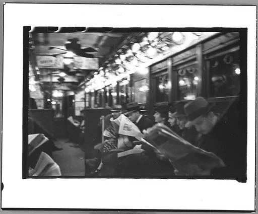 [Four 35mm Film Frames: View Down Subway Car with Seated Passengers, Seated Subway Passengers, Helen Levitt on the Subway, New York City]
