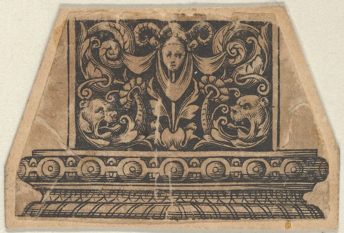 Detail with a Horned Mask Wearing a Whimple, from a Design for a Sword or Dagger Handle — Theodor de Bry