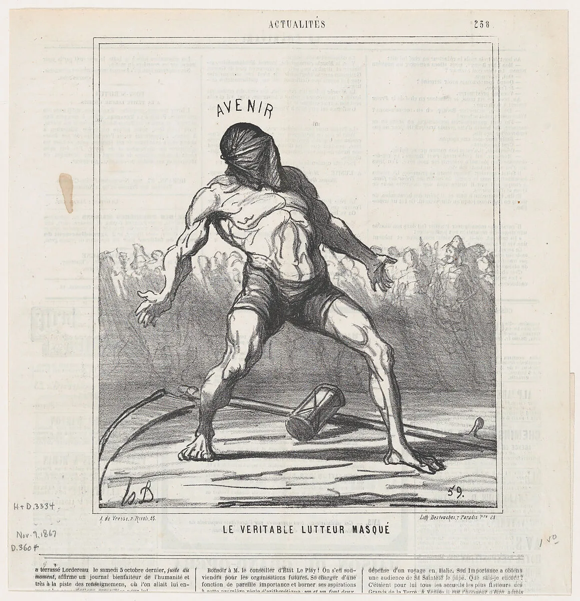 The real masked fighter, from 'News of the day,' published in Le Charivari, November 9, 1867 — Honoré Daumier|Destouches|Arnaud de Vresse
