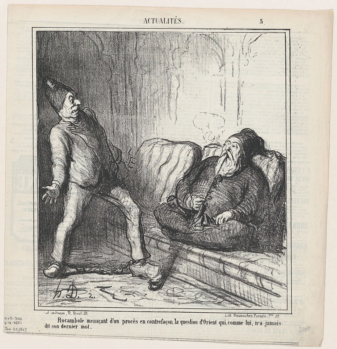Rocambole threatening to start a process without end, covering the Oriental question. Since he never finishes anything, chances are that the process also will never be finished, from 'News of the day,' published in Le Charivari, January 23, 1867 — Arnaud de Vresse|Honoré Daumier|Destouches
