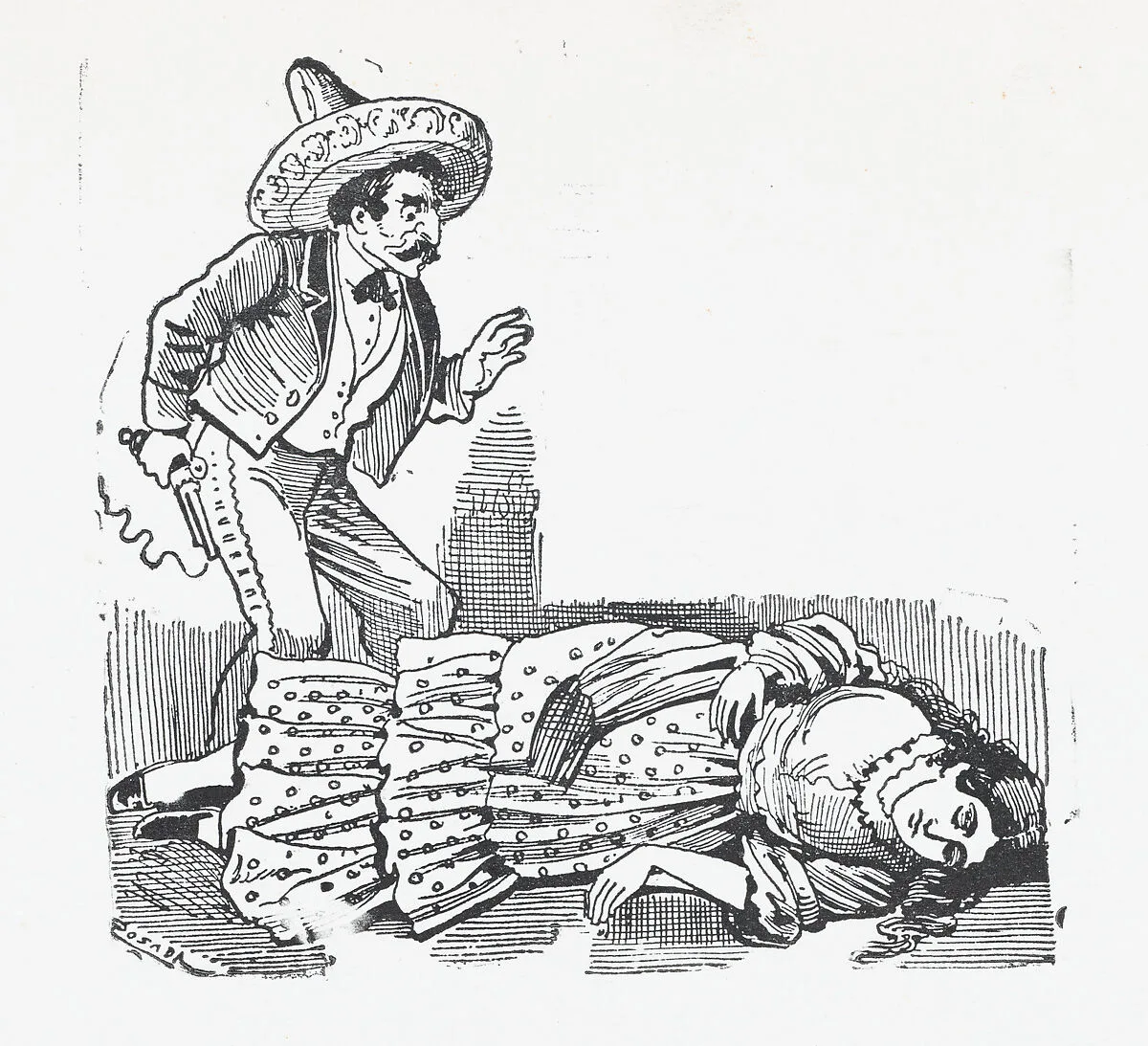 A man with a gun standing over a woman he has just shot — José Guadalupe Posada|José Sanchez