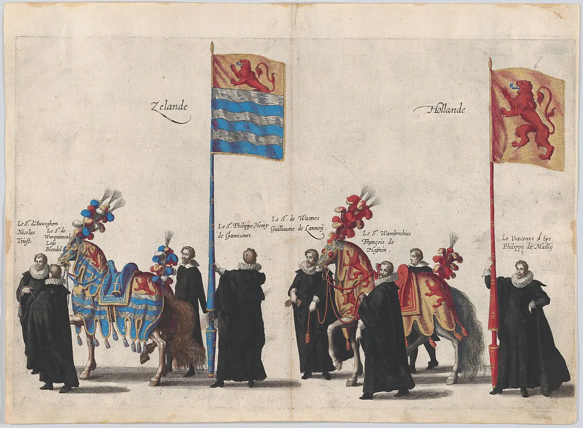 Plate 37: Men with heraldic flags and horses from Zeeland and Holland marching in the funeral procession of Archduke Albert of Austria; from 'Pompa Funebris ... Alberti Pii' — Jacques Francquart|Cornelis Galle I