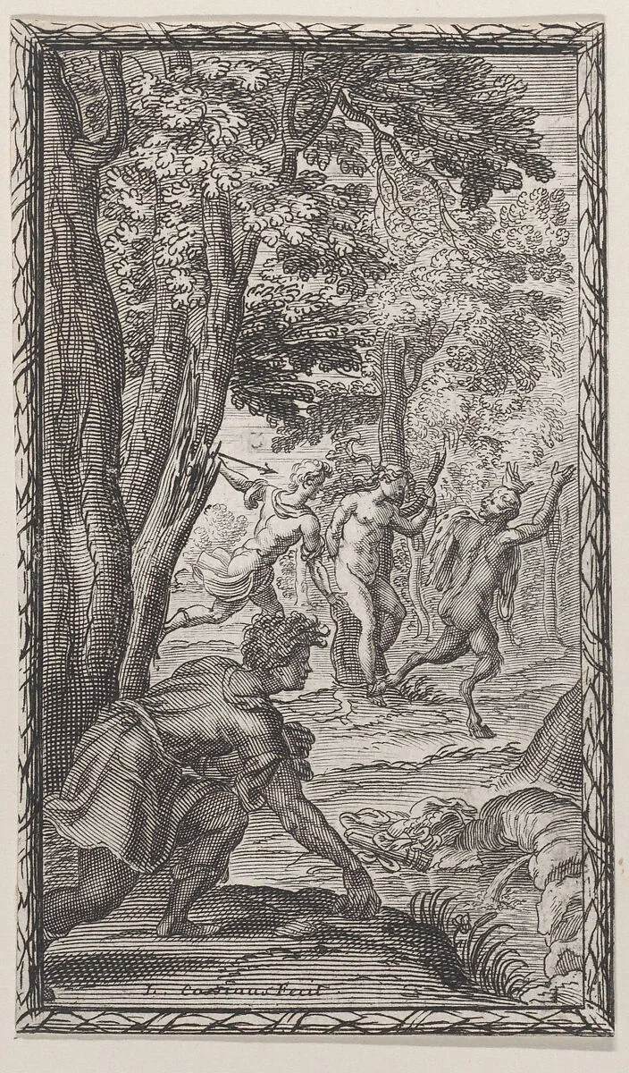 Landscape with a man driving a satyr away from a nymph bound to a tree — Louis Cossin