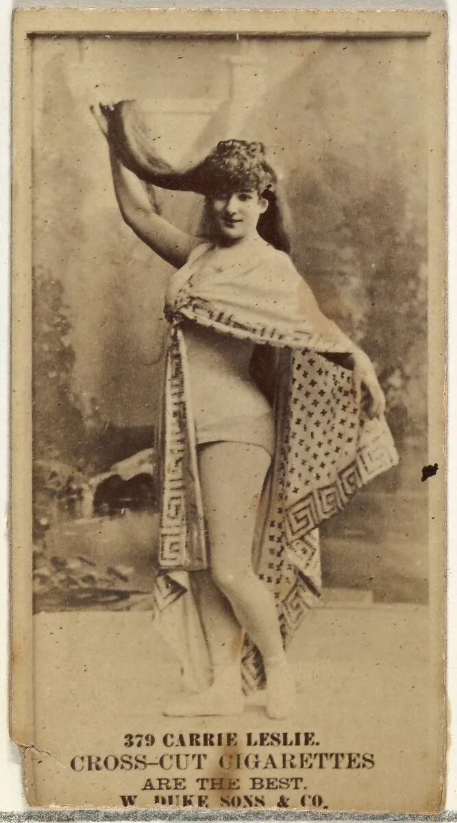 Card Number 379, Carrie Leslie, from the Actors and Actresses series (N145-3) issued by Duke Sons & Co. to promote Cross Cut Cigarettes — W. Duke, Sons & Co.