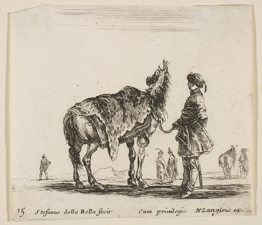 A Polish nobleman, facing away, holding his horse covered in leopard skin, four men and a horse in background, plate 15 from "Diversi capricci"