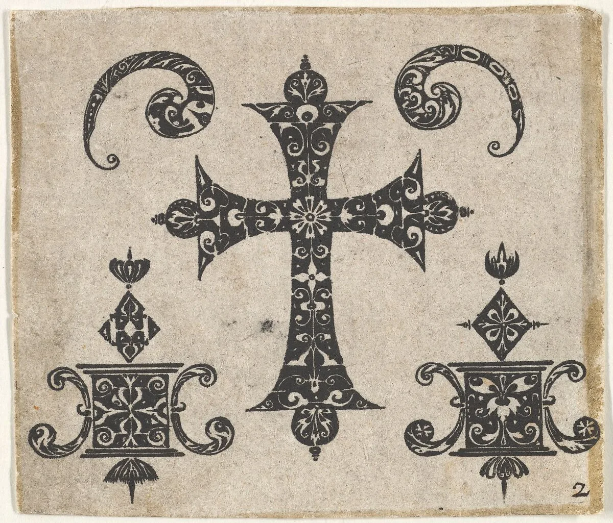 Blackwork Print with a Latin Cross and Small Motifs — Claes Jansz. Visscher|Giovanni Battista Costantini