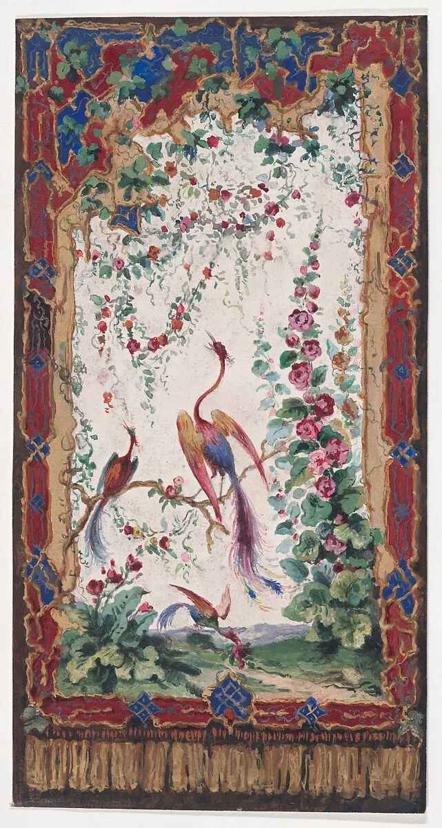 Design for Wallpaper or Panel (?) with an Orientalist Motif with Three Phoenix-Like Exotic Birds with Colorful Feathers and a Flowering Tree within an Ornamental Frame with Tassels Resembling a Tapestry — Anonymous, French, 19th century