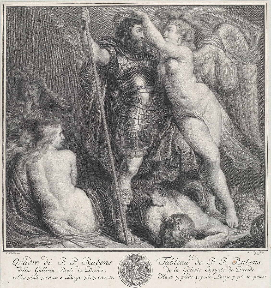 Hero crowned by Victory, who places a laurel wreath on his head, Venus and Cupid at left, Envy at left in the background, Silenus on the ground, under the hero's foot — Peter Paul Rubens|Pieter Tanjé|Charles Hutin