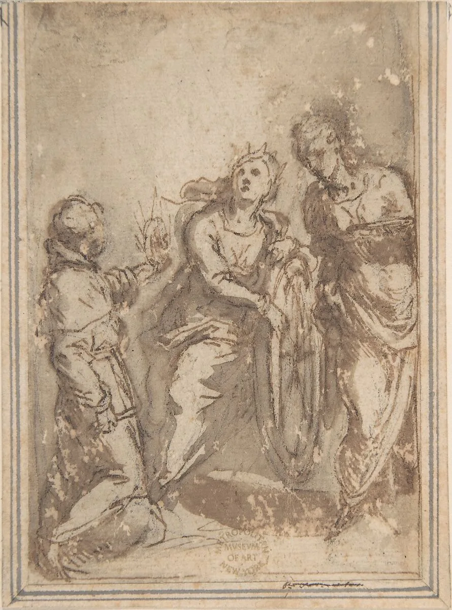 Saint Catherine Flanked by a Male and a Female Saint — Anonymous, Italian, Bolognese, 17th century