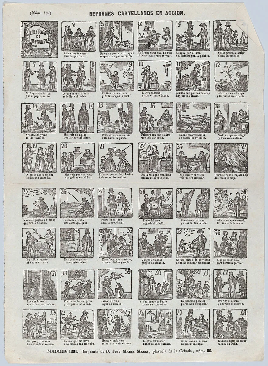 Broadside with 48 scenes depicting Spanish refrains (colloquial sayings) in action — José María Marés