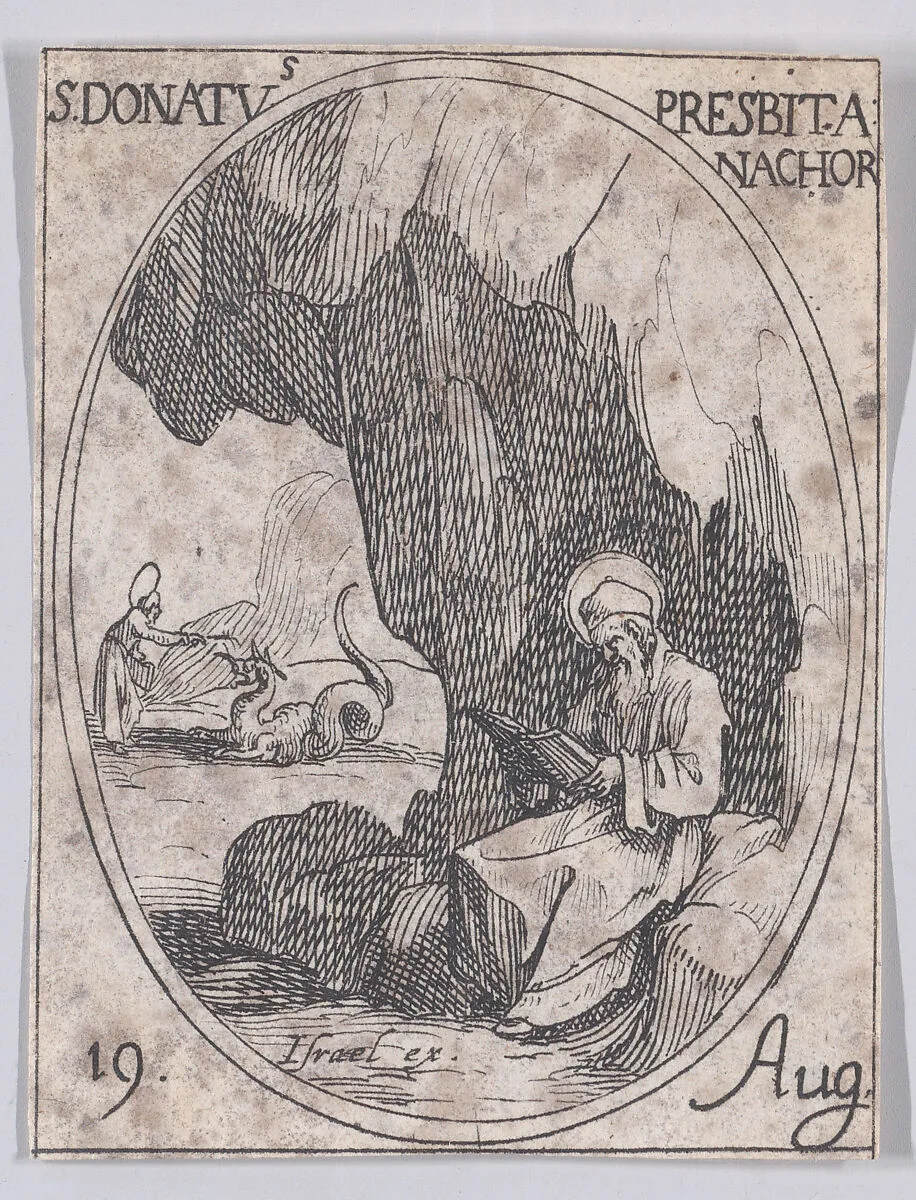 S. Donat, prêtre, anachorète (St. Donatus, Priest and Anchorite), August 19th, from "Les Images De Tous Les Saincts et Saintes de L'Année" (Images of All of the Saints and Religious Events of the Year) — Jacques Callot|Israël Henriet