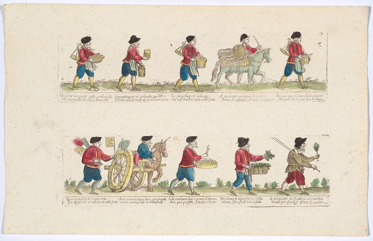 Plate 4 depicting the trades of Rome, here including vendors of shrimps, Spanish olives, herbs etc, from the 'Descrición de las artes que se llaman para los calles de la ciudad de Roma' — Giovanni Ambrogio Brambilla|Remondini