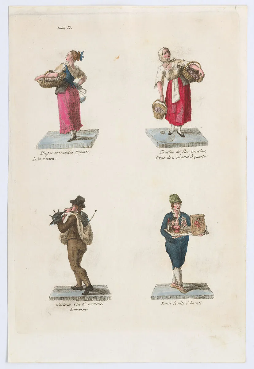 Plate 13: four street vendors from Madrid selling muscat grapes, plums, pans and pop-up saints, from 'Los Gritos de Madrid' (The Cries of Madrid) — Imprenta Real, Madrid|Miguel Gamborino