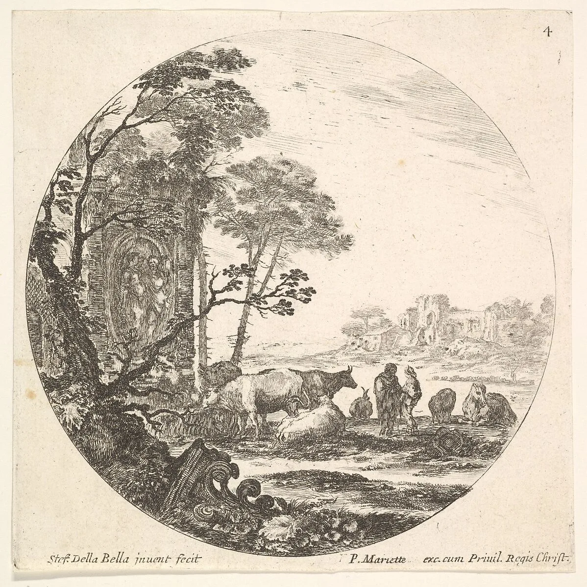 Plate 4: a Corinthian capital on the ground to left in the foreground, a monument with figures in low relief to left in the middleground, various animals and two shepherds to right, a round composition, from 'Roman landscapes and ruins' (Paysages et ruines de Rome) — Pierre Mariette le fils|Stefano della Bella