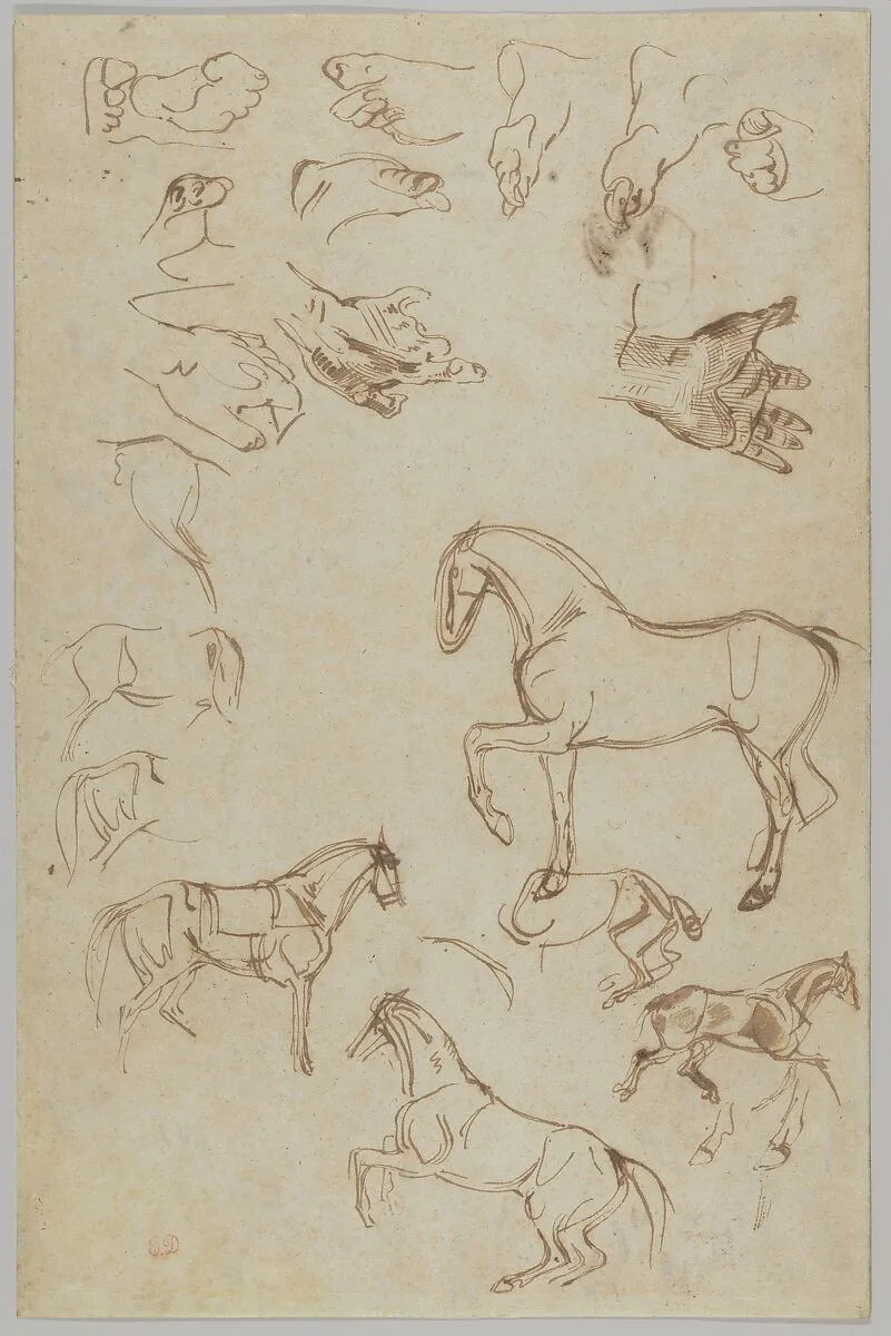 Studies of Horses, Hands, and Feet (recto); Studies of Heads and Figures (verso) — Eugène Delacroix