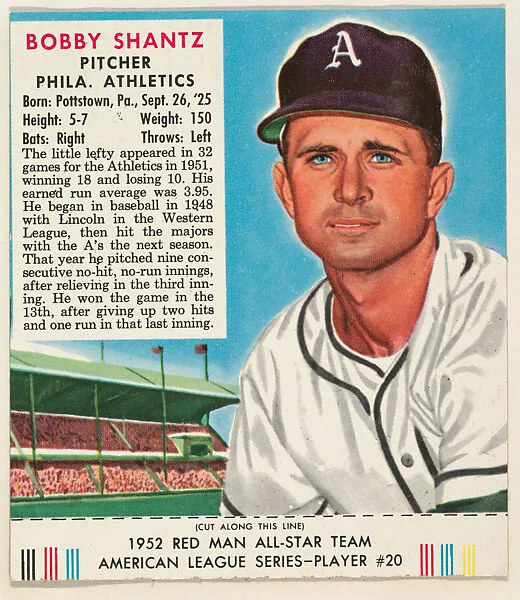 Bobby Shantz, from the Red Man All-Star Team series (T232), issued by Red Man Chewing Tobacco — Red Man Chewing Tobacco