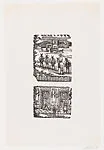 One scene of a cowboy on horseback leading donkey and another scene of two men standing in the street speaking to a woman — José Guadalupe Posada|Manuel Manilla