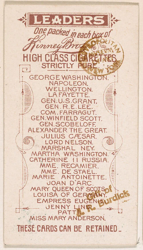 Example of card verso from Leaders series (N222) issued by Kinney Bros. — Kinney Brothers Tobacco Company