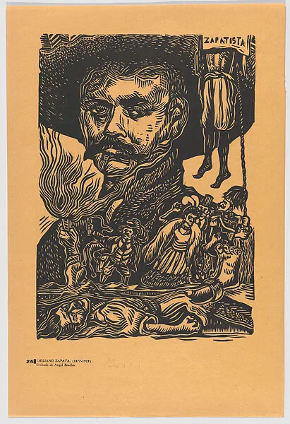 Plate 25: Emiliano Zapata, tortured and fallen figures in front of him, from the portfolio 'Estampas de la revolución Mexicana' (prints of the Mexican Revolution) — Taller de Gráfica Popular|Angel Bracho