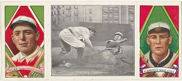 "Elberfeld Beats the Throw," with N. Elberfeld and Clyde Milan, from the series Hassan Triple Folders (T202) — Hassan Cigarettes
