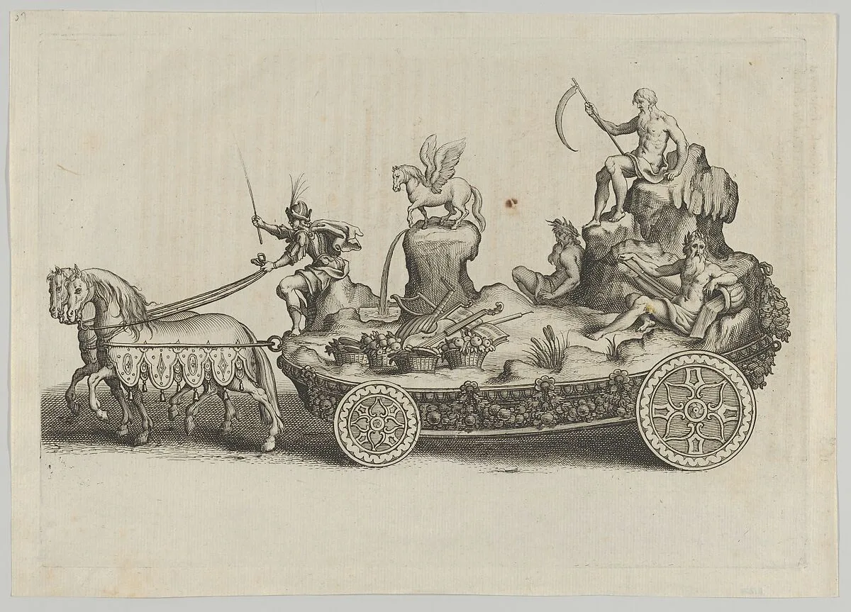 Design for a float, from 'Éloges et discours sur la triomphante réception du Roy en sa ville de Paris ...' by Jean-Baptiste de Machault — Melchior Tavernier|Pierre Firens I|Abraham Bosse|Jean-Baptiste de Machault