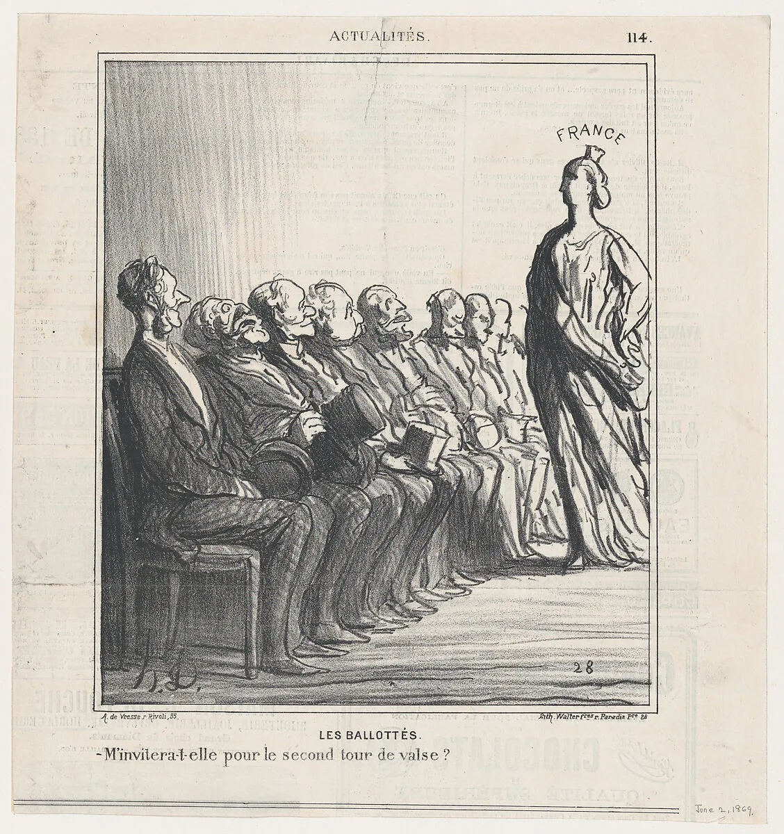Run-off elections: Will she invite me for a second waltz?, from 'News of the day,' published in Le Charivari, June 2, 1869 — Arnaud de Vresse|Walter Frères|Honoré Daumier