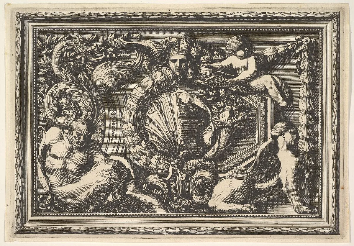 Design for a Panel with Two Variants containing a Satyr and a Sphynx, from: Panneaux d'ornement — Jean Le Pautre|Jacques Van Merlen