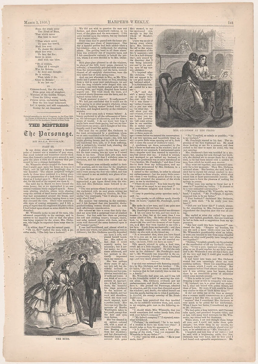 Mrs. Otcheson at the Piano, and The Buds (from "The Mistress of the Parsonage," in "Harper's Weekly") — Winslow Homer|Harper & Brothers|Harper's Weekly