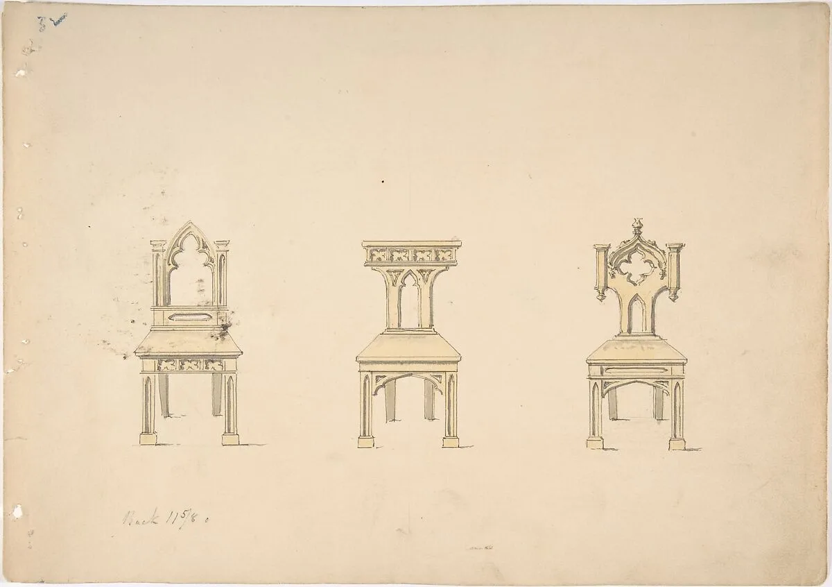Design for Three Gothic Style Wooden Chairs — Anonymous, British, 19th century