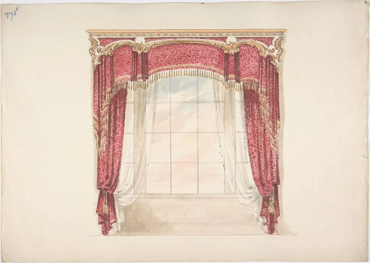 Design for Red Curtains with Gold Fringes and Gold and White Pediment — Anonymous, British, 19th century
