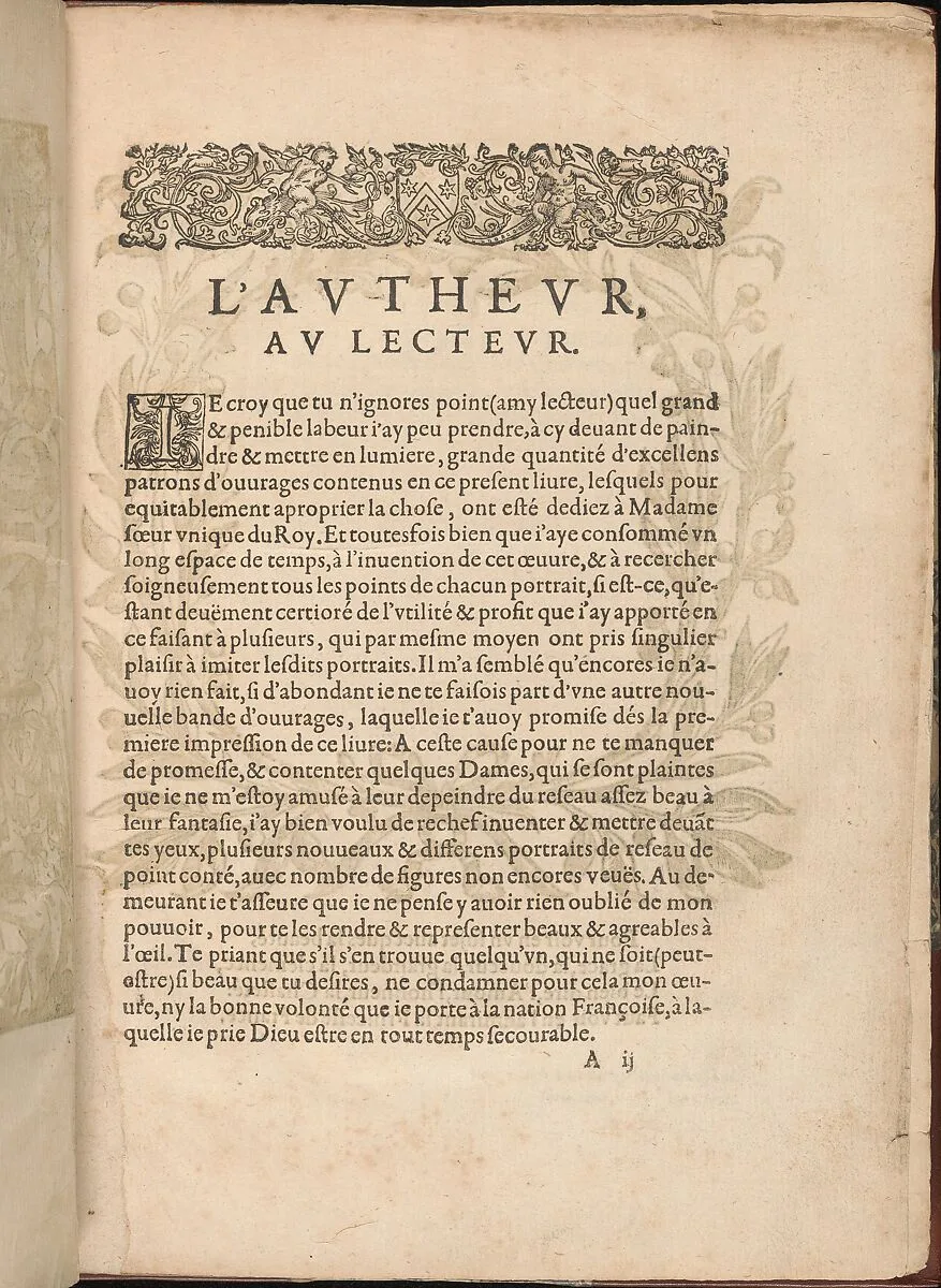 Les Secondes Oeuvres, et Subtiles Inventions De Lingerie du Seigneur Federic de Vinciolo Venitien, page 2 (recto) — Federico de Vinciolo|Jean Le Clerc|Catherine de Bourbon