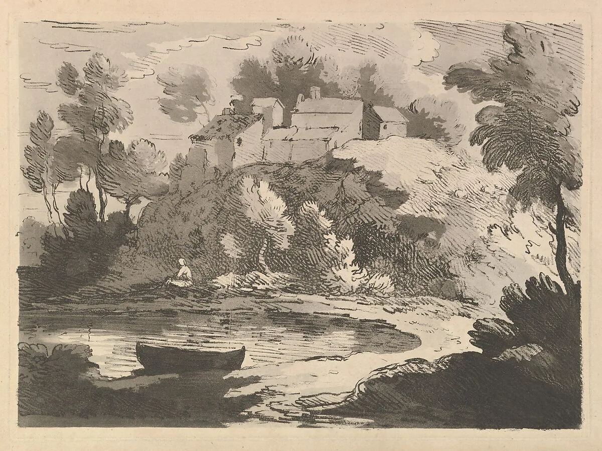 Hilly River Landscape, a Boat in the Water at Foreground Left, a Figure on the Far Shore, Houses on a Wooded Hill Beyond — Thomas Rowlandson|Thomas Gainsborough
