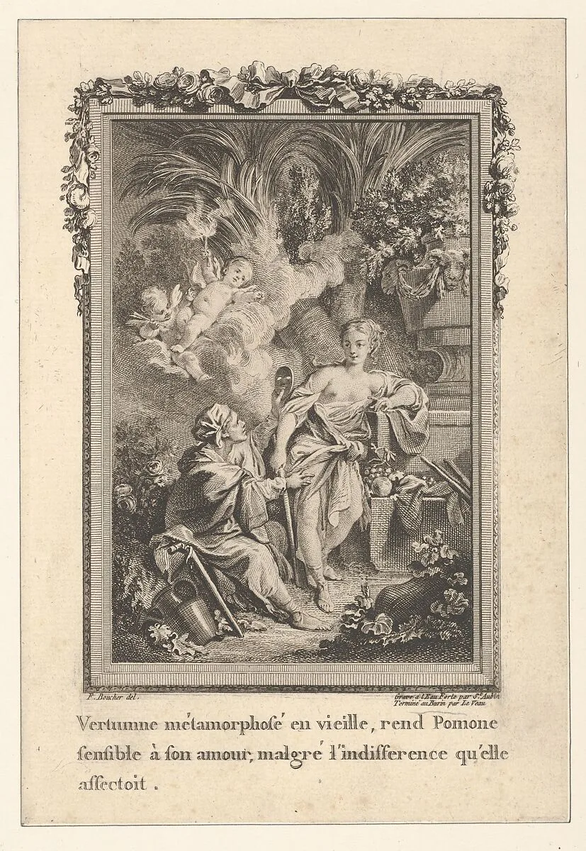 Vertumnus Transforms Himself into an Old Woman and Attempts to Woo Pomona, from Les Métamorphoses d'Ovide en Latin et en François de la traduction de M. l'Abbé Banier de l'Académie Royale des Inscriptions et Belles-Lettres. Avec des explications historiques. A Paris Chez Despilly rue saint Jacques à la croix d'or. MDCCLXVII. Avec Approbation et Privilège du Roi — Ovid|Abbé Banier|Chez Despilly|François Boucher|Augustin de Saint-Aubin|Jean Jacques Leveau