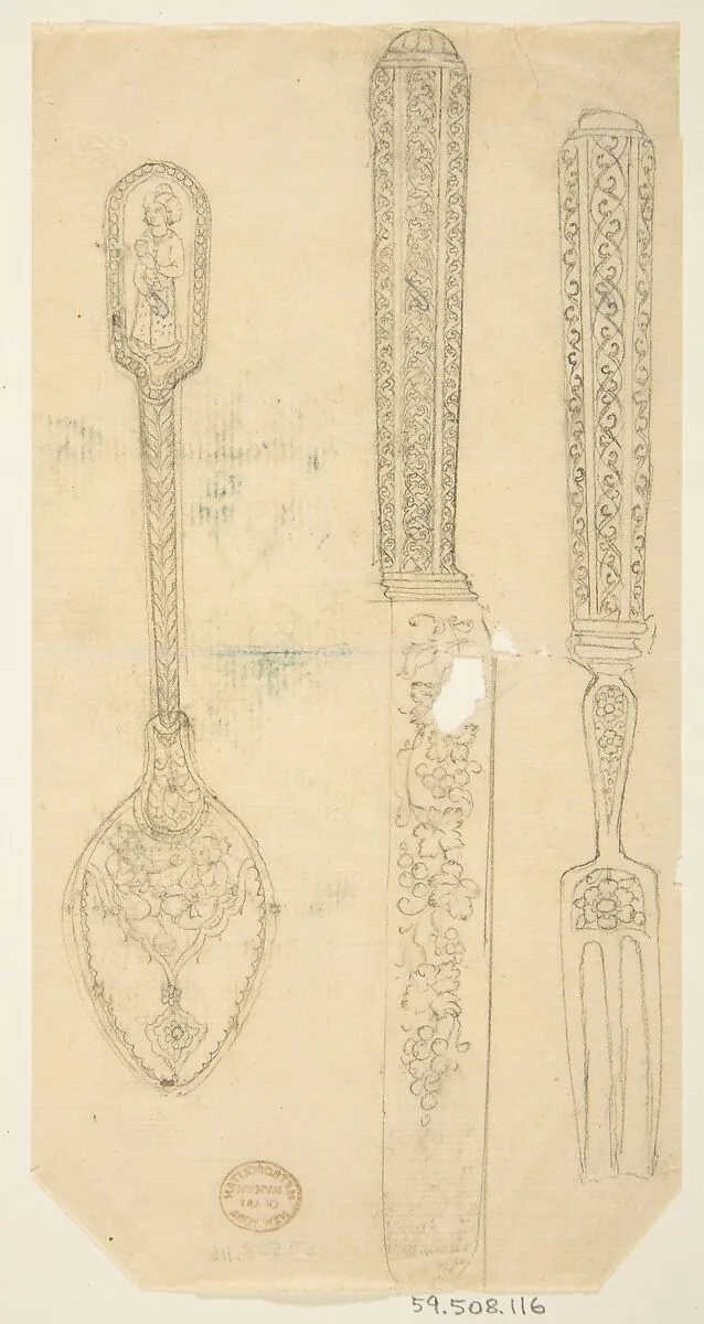 Design for Silverware: Spoon, Knife, and Fork — Anonymous, French, 19th century
