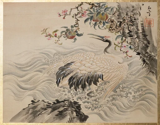 桃に鶴図|Flowers and Birds